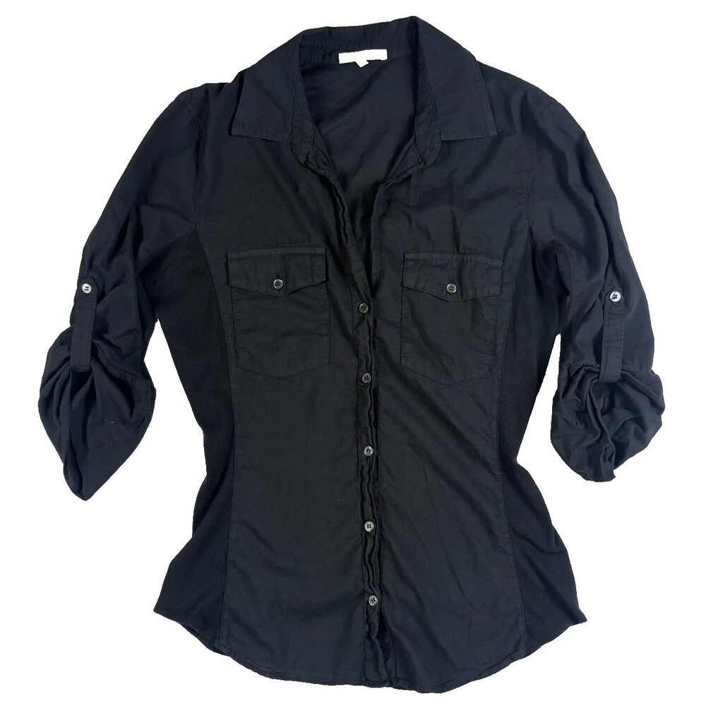 James Perse Shirt Black Cotton Button Up Roll Tab Minimalist L 3 - Rib Panels